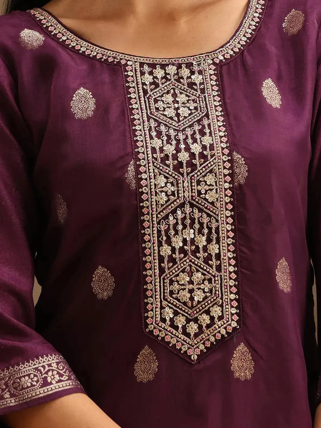 Purple Self Design Silk Straight Kurta With Trousers & Dupatta