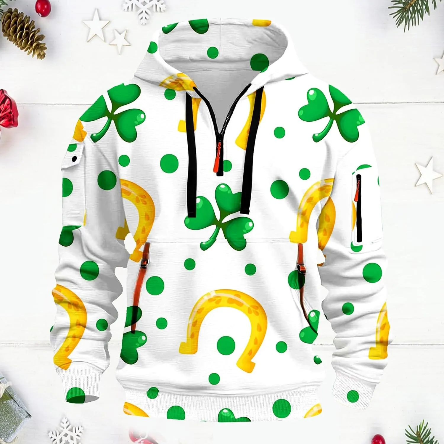 Quarter Zip Pullover Ireland Shamrock Hoodies for Men Green Workout Hoodies with Pockets Military Tactical Sweatshirt