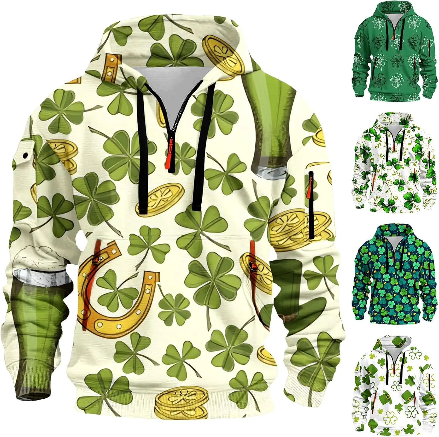 Quarter Zip Pullover Ireland Shamrock Hoodies for Men Green Workout Hoodies with Pockets Military Tactical Sweatshirt
