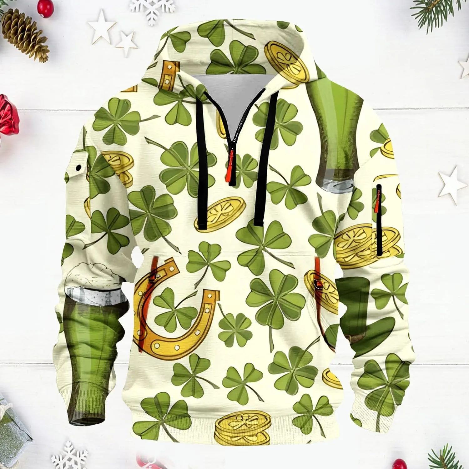 Quarter Zip Pullover Ireland Shamrock Hoodies for Men Green Workout Hoodies with Pockets Military Tactical Sweatshirt