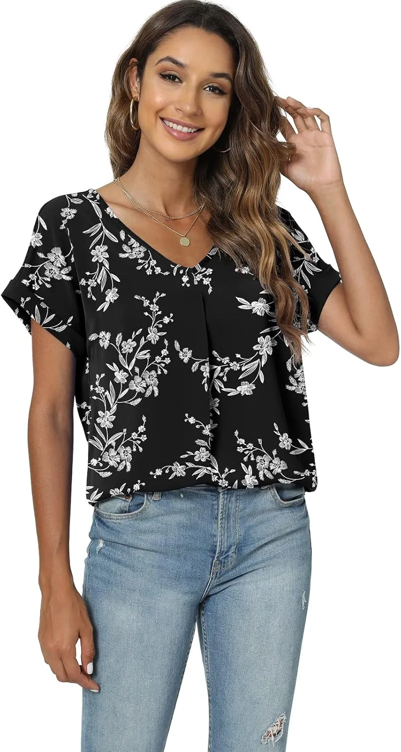 QUEZHU Summer Blouses for Women Elegant Casual V Neck Chiffon Blouses Tops Shirts