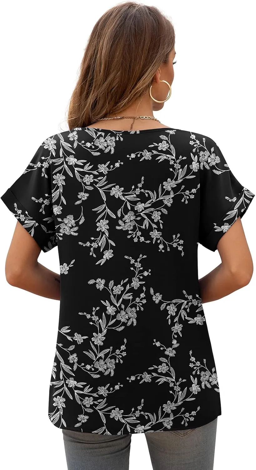QUEZHU Summer Blouses for Women Elegant Casual V Neck Chiffon Blouses Tops Shirts