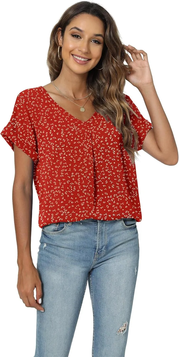 QUEZHU Summer Blouses for Women Elegant Casual V Neck Chiffon Blouses Tops Shirts