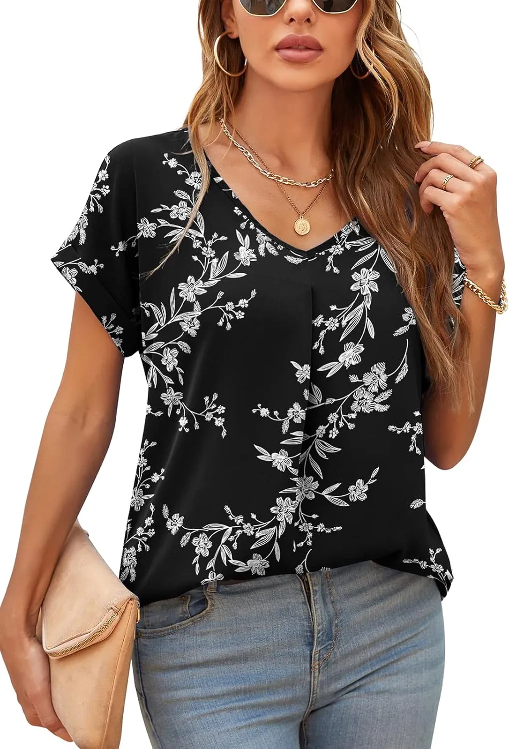 QUEZHU Summer Blouses for Women Elegant Casual V Neck Chiffon Blouses Tops Shirts