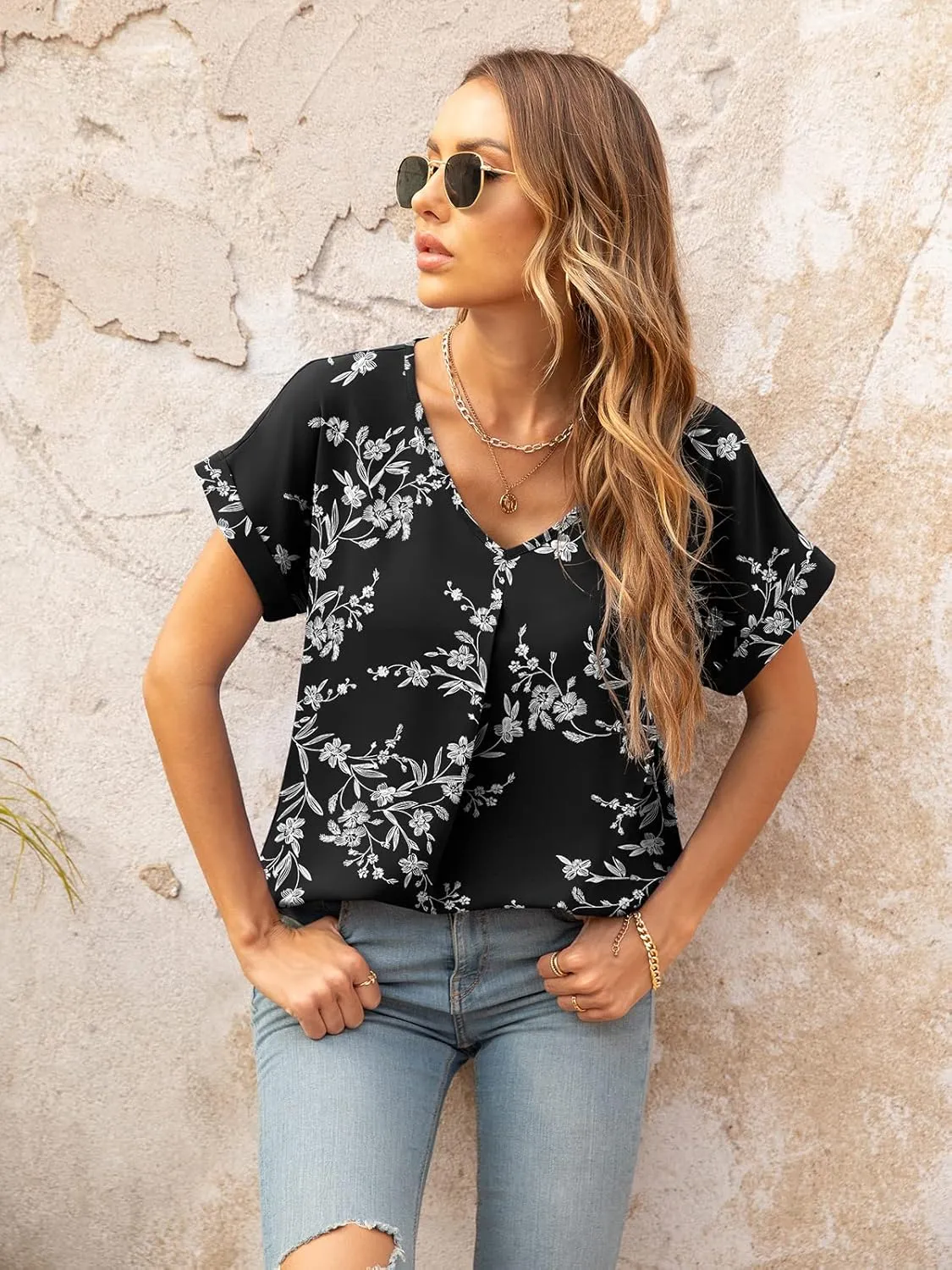 QUEZHU Summer Blouses for Women Elegant Casual V Neck Chiffon Blouses Tops Shirts