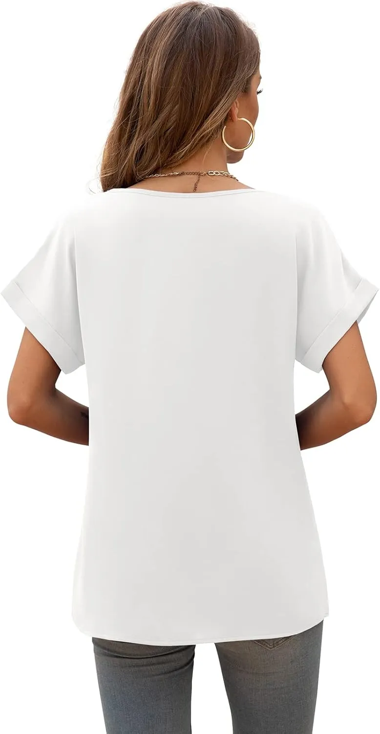 QUEZHU Summer Blouses for Women Elegant Casual V Neck Chiffon Blouses Tops Shirts