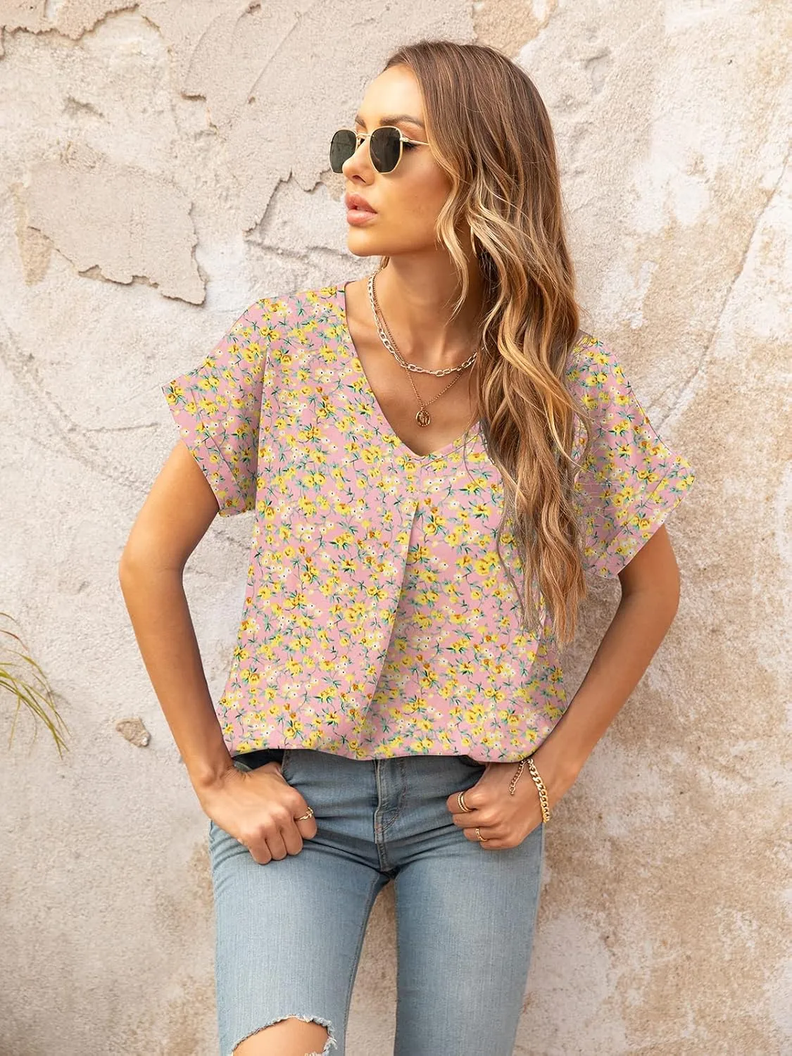 QUEZHU Summer Blouses for Women Elegant Casual V Neck Chiffon Blouses Tops Shirts