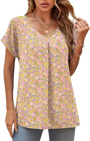 QUEZHU Summer Blouses for Women Elegant Casual V Neck Chiffon Blouses Tops Shirts