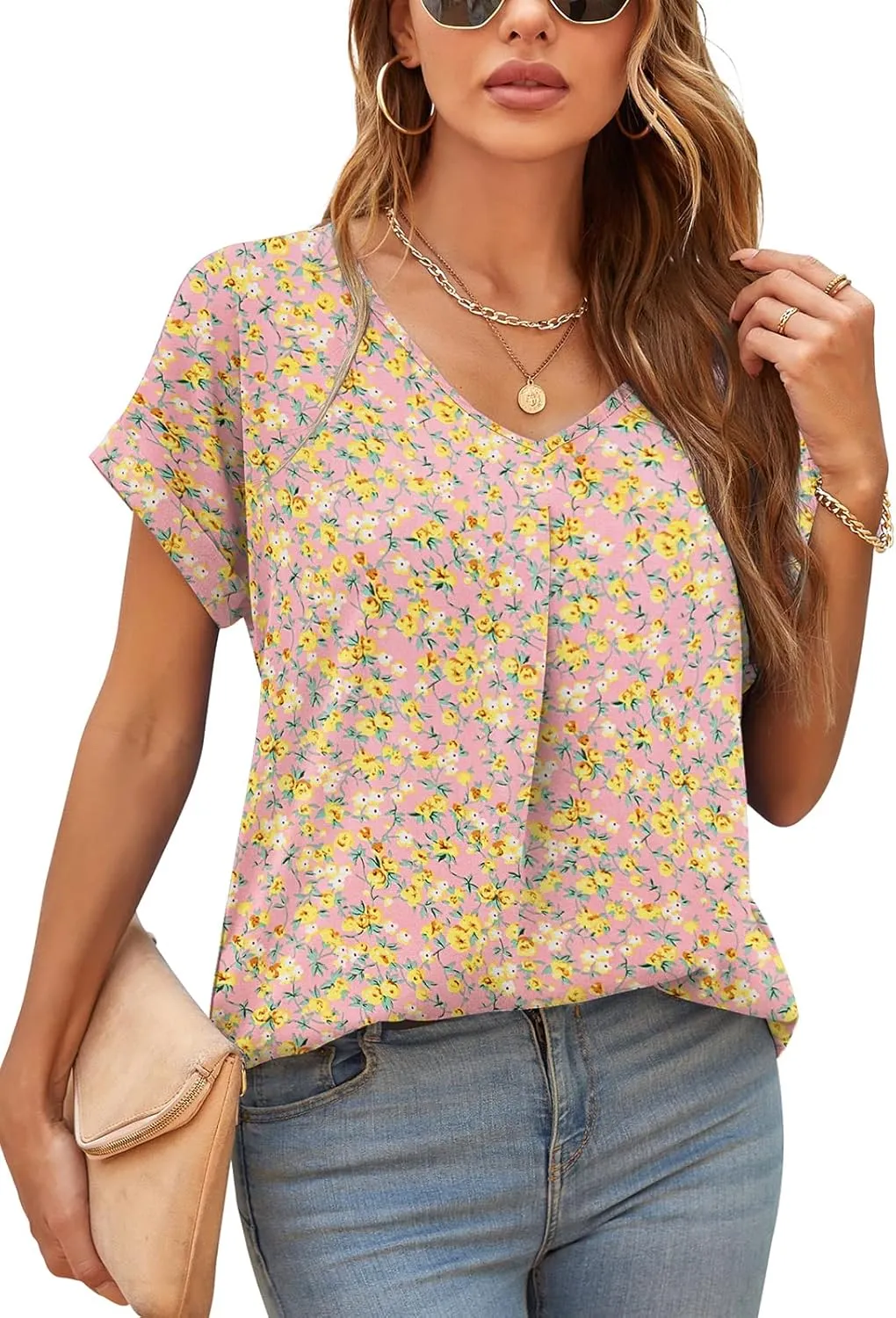 QUEZHU Summer Blouses for Women Elegant Casual V Neck Chiffon Blouses Tops Shirts