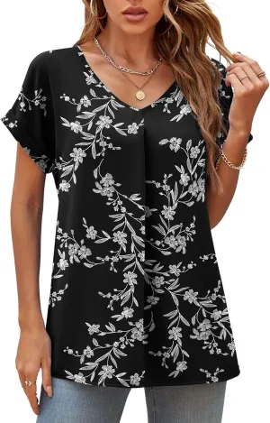 QUEZHU Summer Blouses for Women Elegant Casual V Neck Chiffon Blouses Tops Shirts