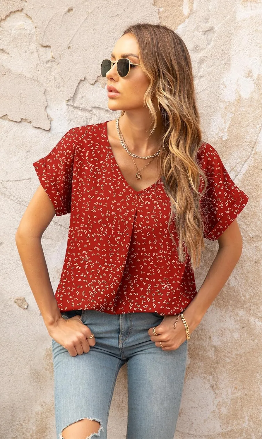 QUEZHU Summer Blouses for Women Elegant Casual V Neck Chiffon Blouses Tops Shirts