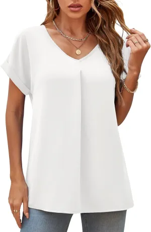 QUEZHU Summer Blouses for Women Elegant Casual V Neck Chiffon Blouses Tops Shirts