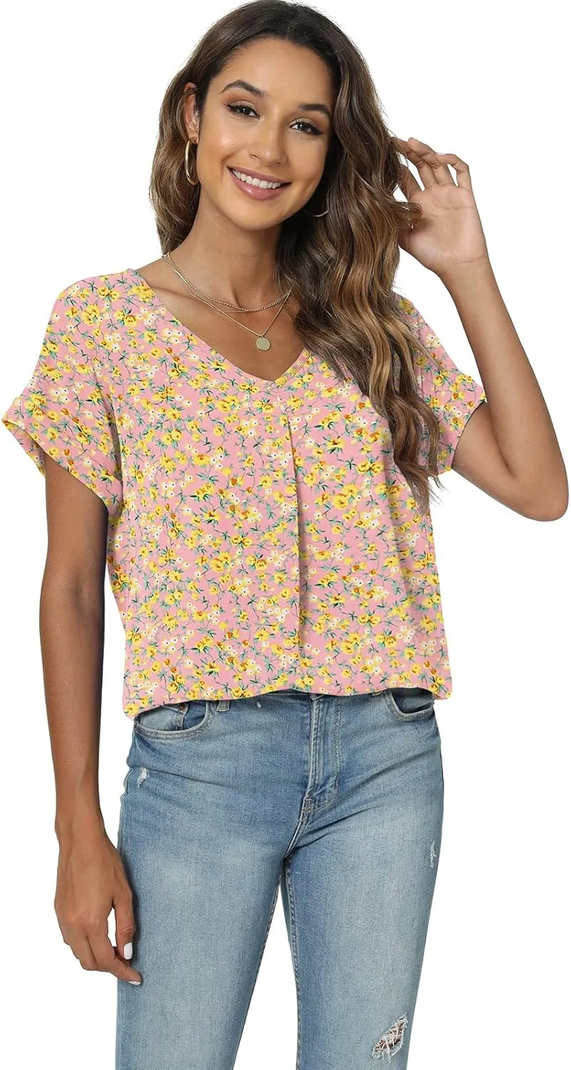 QUEZHU Summer Blouses for Women Elegant Casual V Neck Chiffon Blouses Tops Shirts