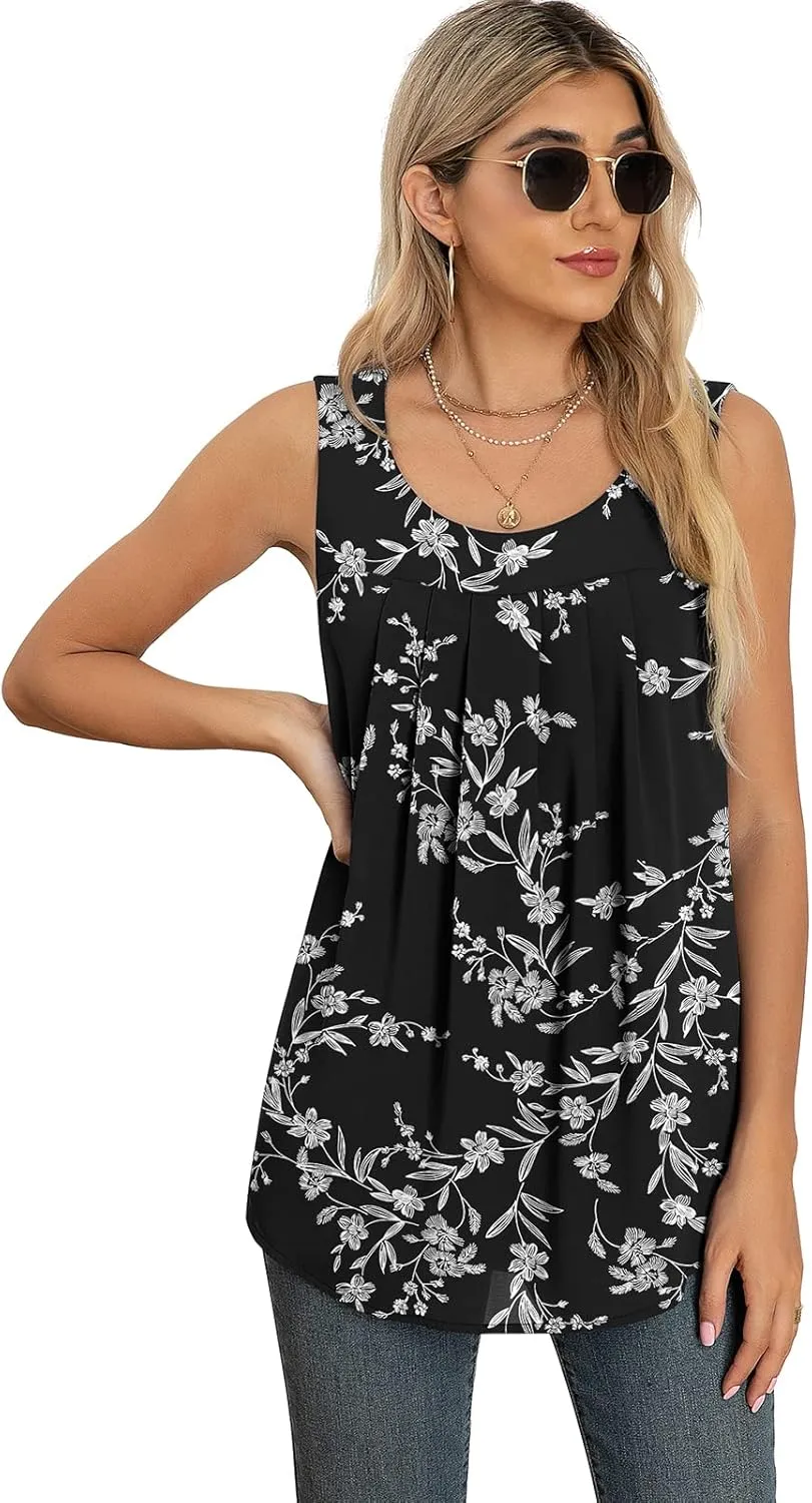 QUEZHU Women's Summer Blouses and Tops 2024 Double Layers Chiffon Blouses Tank Loose Fit Round Neck Sleeveless Tunic
