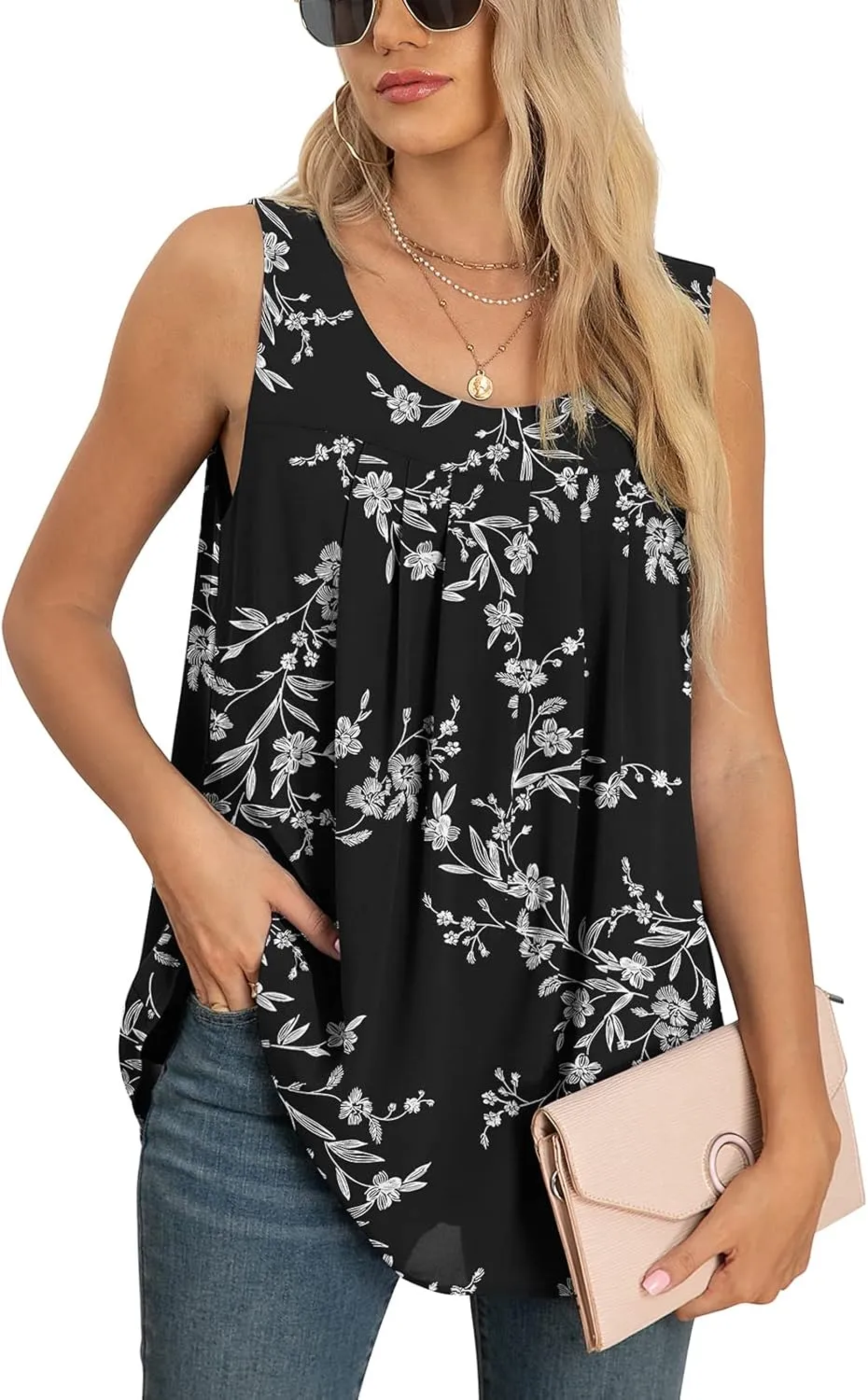 QUEZHU Women's Summer Blouses and Tops 2024 Double Layers Chiffon Blouses Tank Loose Fit Round Neck Sleeveless Tunic