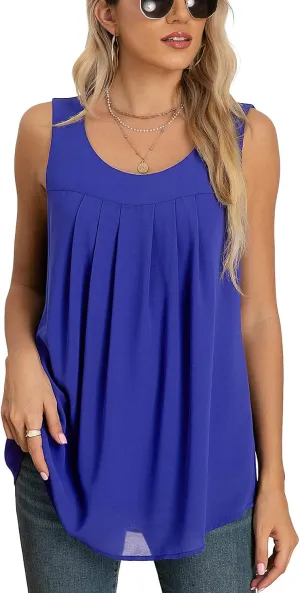 QUEZHU Women's Summer Blouses and Tops 2024 Double Layers Chiffon Blouses Tank Loose Fit Round Neck Sleeveless Tunic