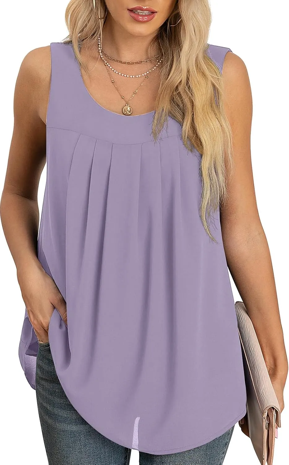 QUEZHU Women's Summer Blouses and Tops 2024 Double Layers Chiffon Blouses Tank Loose Fit Round Neck Sleeveless Tunic