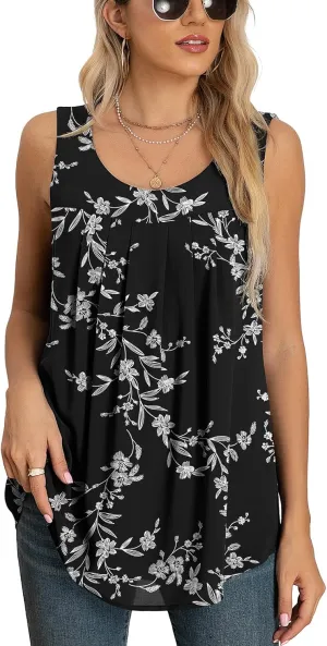QUEZHU Women's Summer Blouses and Tops 2024 Double Layers Chiffon Blouses Tank Loose Fit Round Neck Sleeveless Tunic
