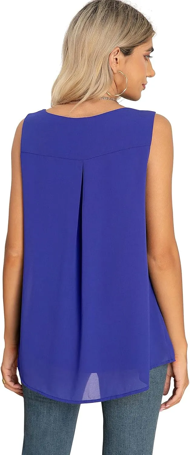 QUEZHU Women's Summer Blouses and Tops 2024 Double Layers Chiffon Blouses Tank Loose Fit Round Neck Sleeveless Tunic