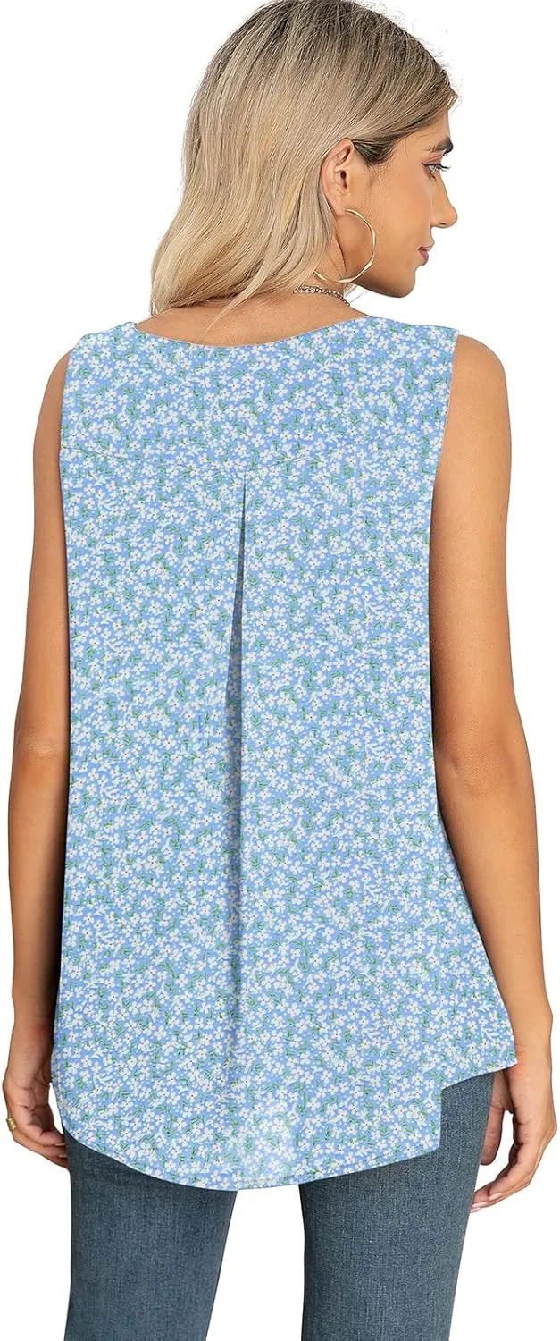 QUEZHU Women's Summer Blouses and Tops 2024 Double Layers Chiffon Blouses Tank Loose Fit Round Neck Sleeveless Tunic