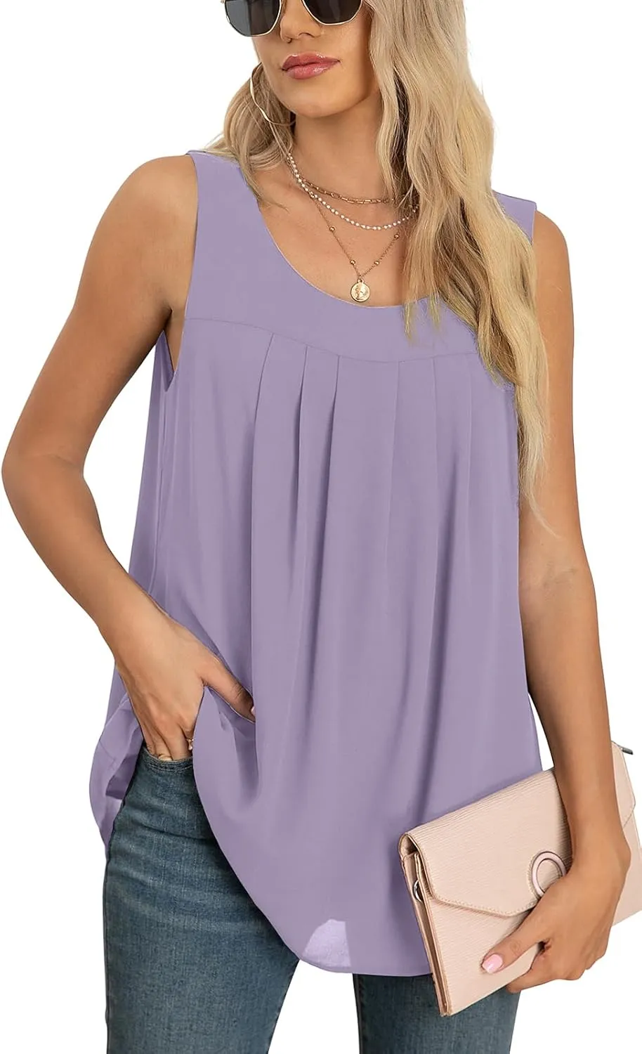 QUEZHU Women's Summer Blouses and Tops 2024 Double Layers Chiffon Blouses Tank Loose Fit Round Neck Sleeveless Tunic