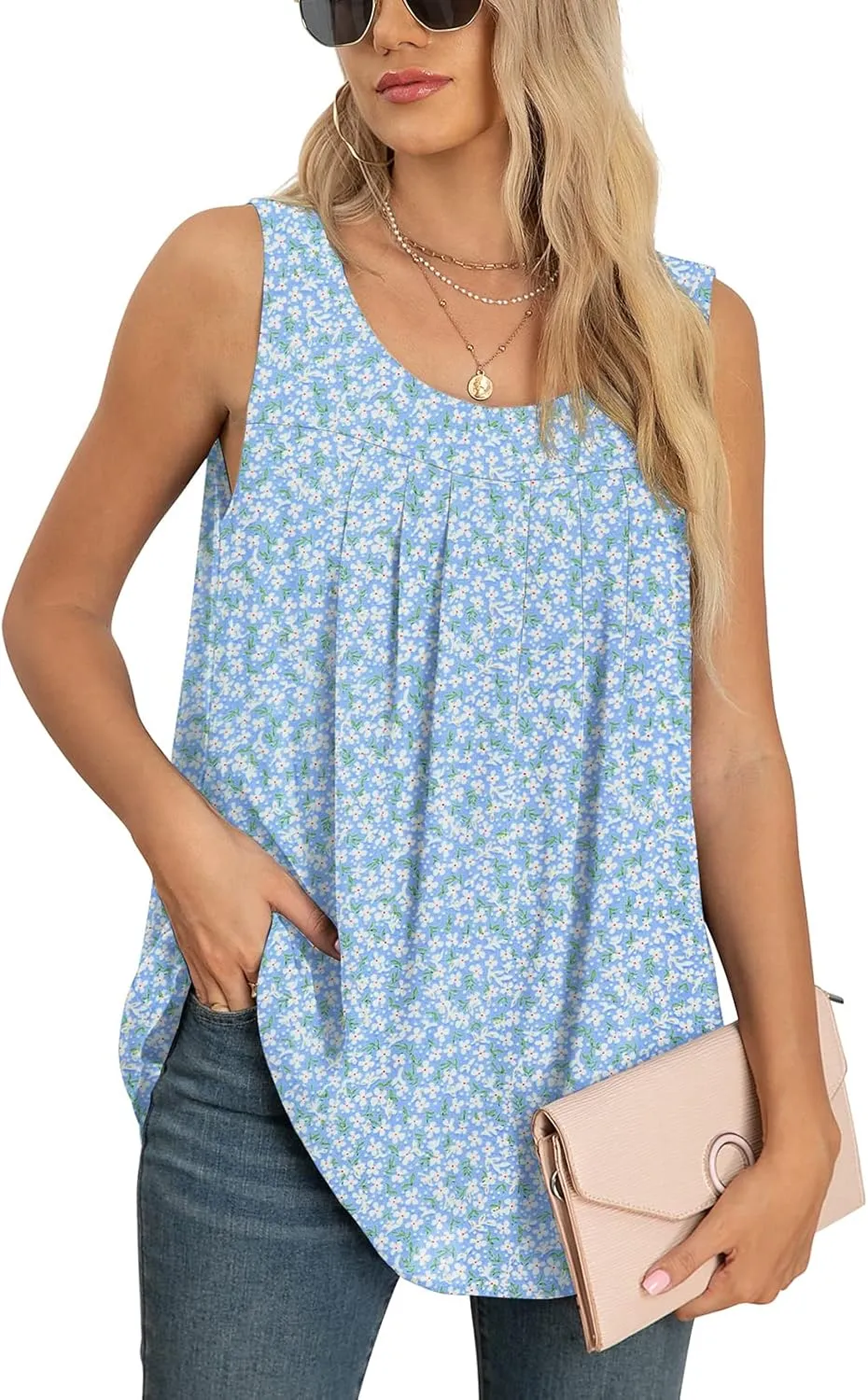 QUEZHU Women's Summer Blouses and Tops 2024 Double Layers Chiffon Blouses Tank Loose Fit Round Neck Sleeveless Tunic