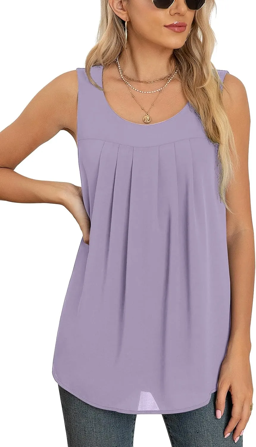 QUEZHU Women's Summer Blouses and Tops 2024 Double Layers Chiffon Blouses Tank Loose Fit Round Neck Sleeveless Tunic