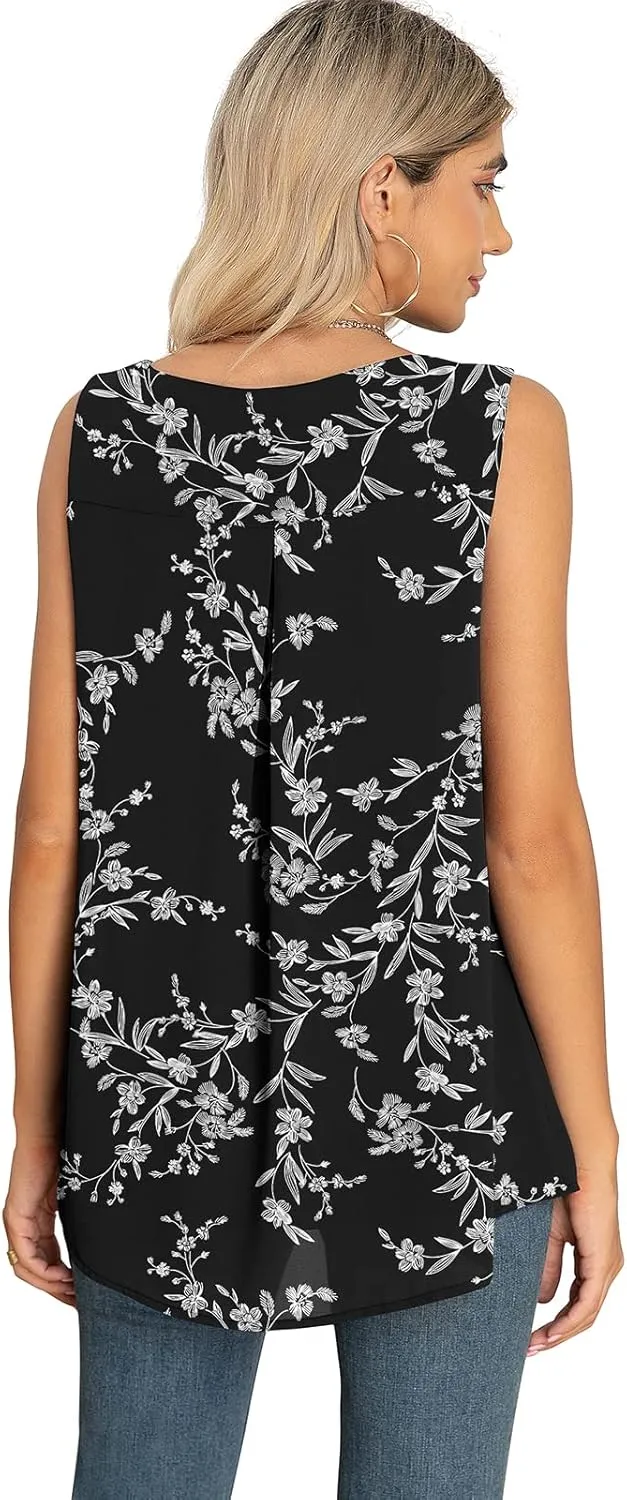 QUEZHU Women's Summer Blouses and Tops 2024 Double Layers Chiffon Blouses Tank Loose Fit Round Neck Sleeveless Tunic