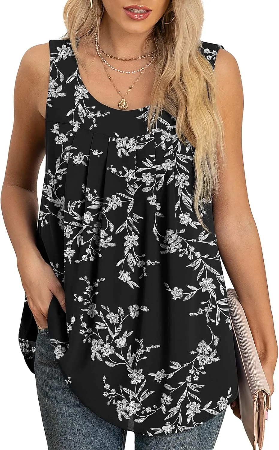 QUEZHU Women's Summer Blouses and Tops 2024 Double Layers Chiffon Blouses Tank Loose Fit Round Neck Sleeveless Tunic