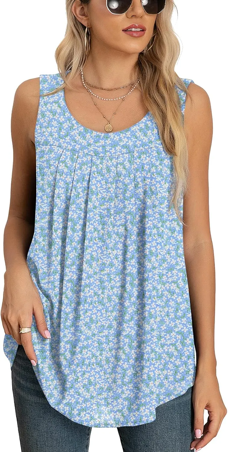 QUEZHU Women's Summer Blouses and Tops 2024 Double Layers Chiffon Blouses Tank Loose Fit Round Neck Sleeveless Tunic