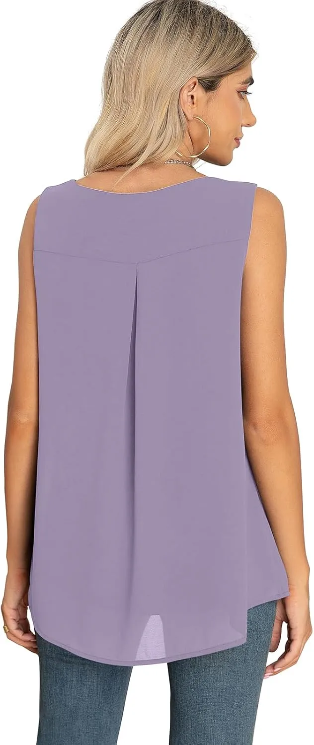 QUEZHU Women's Summer Blouses and Tops 2024 Double Layers Chiffon Blouses Tank Loose Fit Round Neck Sleeveless Tunic