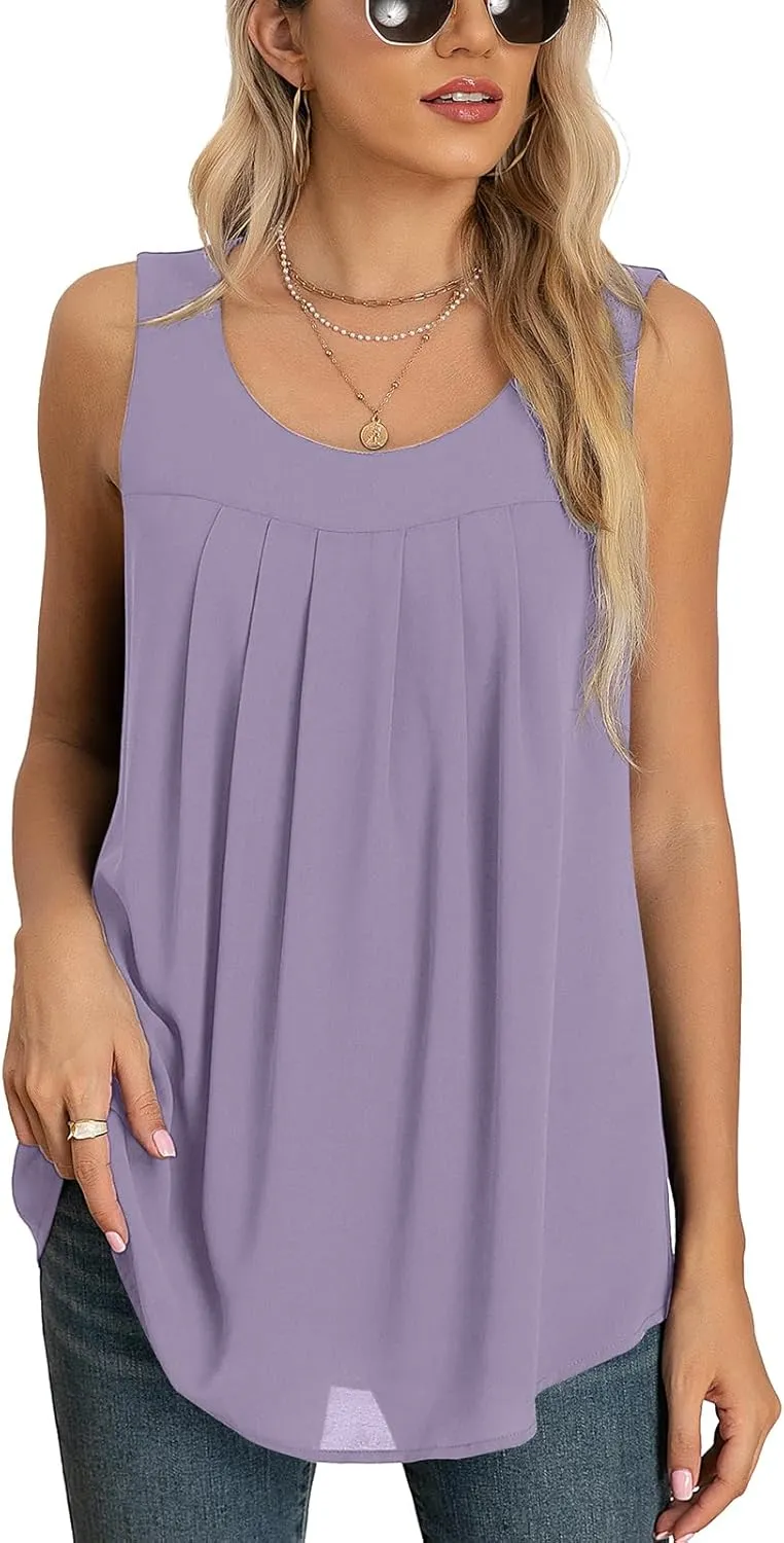 QUEZHU Women's Summer Blouses and Tops 2024 Double Layers Chiffon Blouses Tank Loose Fit Round Neck Sleeveless Tunic
