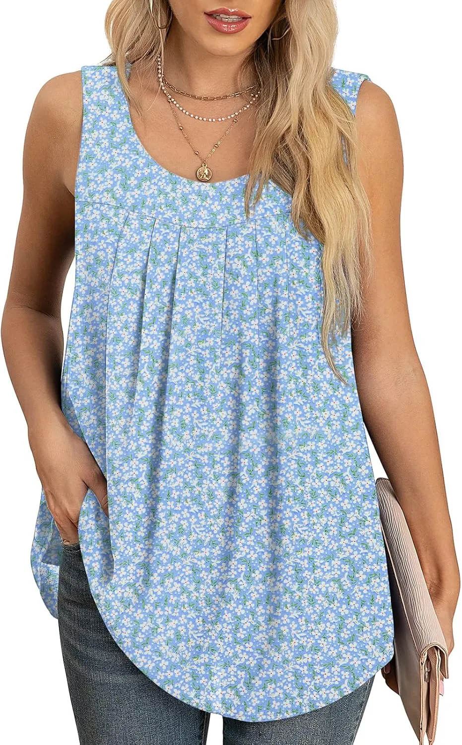 QUEZHU Women's Summer Blouses and Tops 2024 Double Layers Chiffon Blouses Tank Loose Fit Round Neck Sleeveless Tunic
