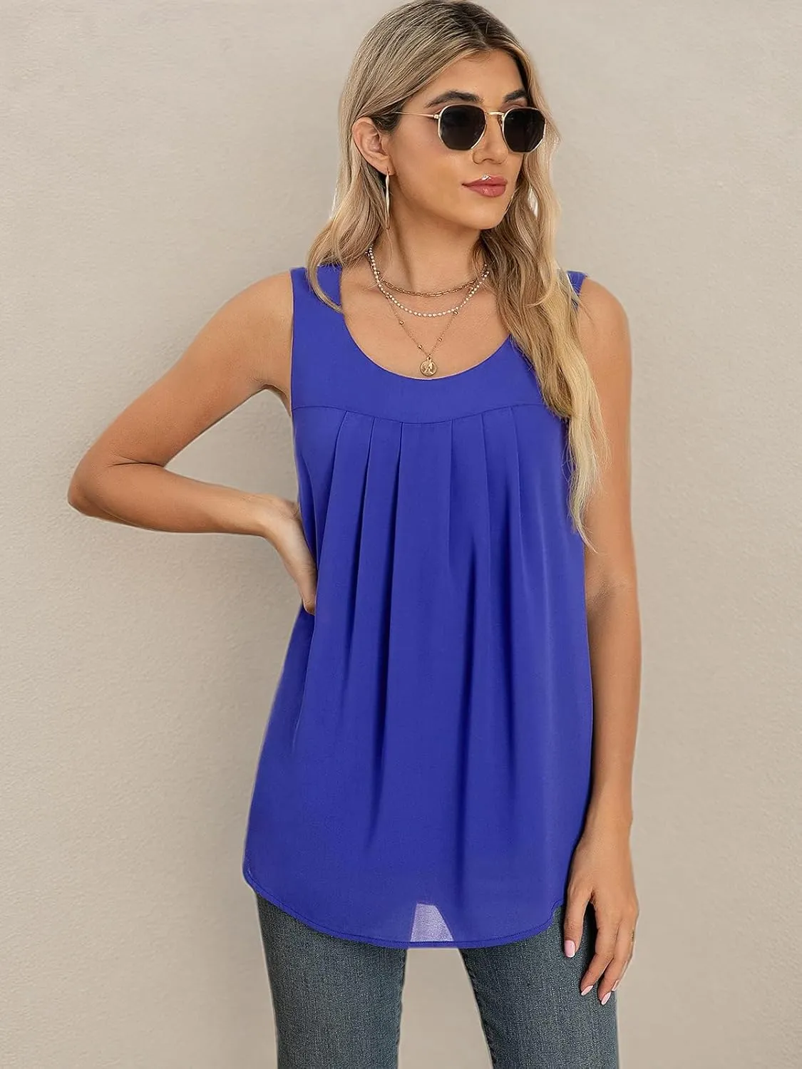 QUEZHU Women's Summer Blouses and Tops 2024 Double Layers Chiffon Blouses Tank Loose Fit Round Neck Sleeveless Tunic