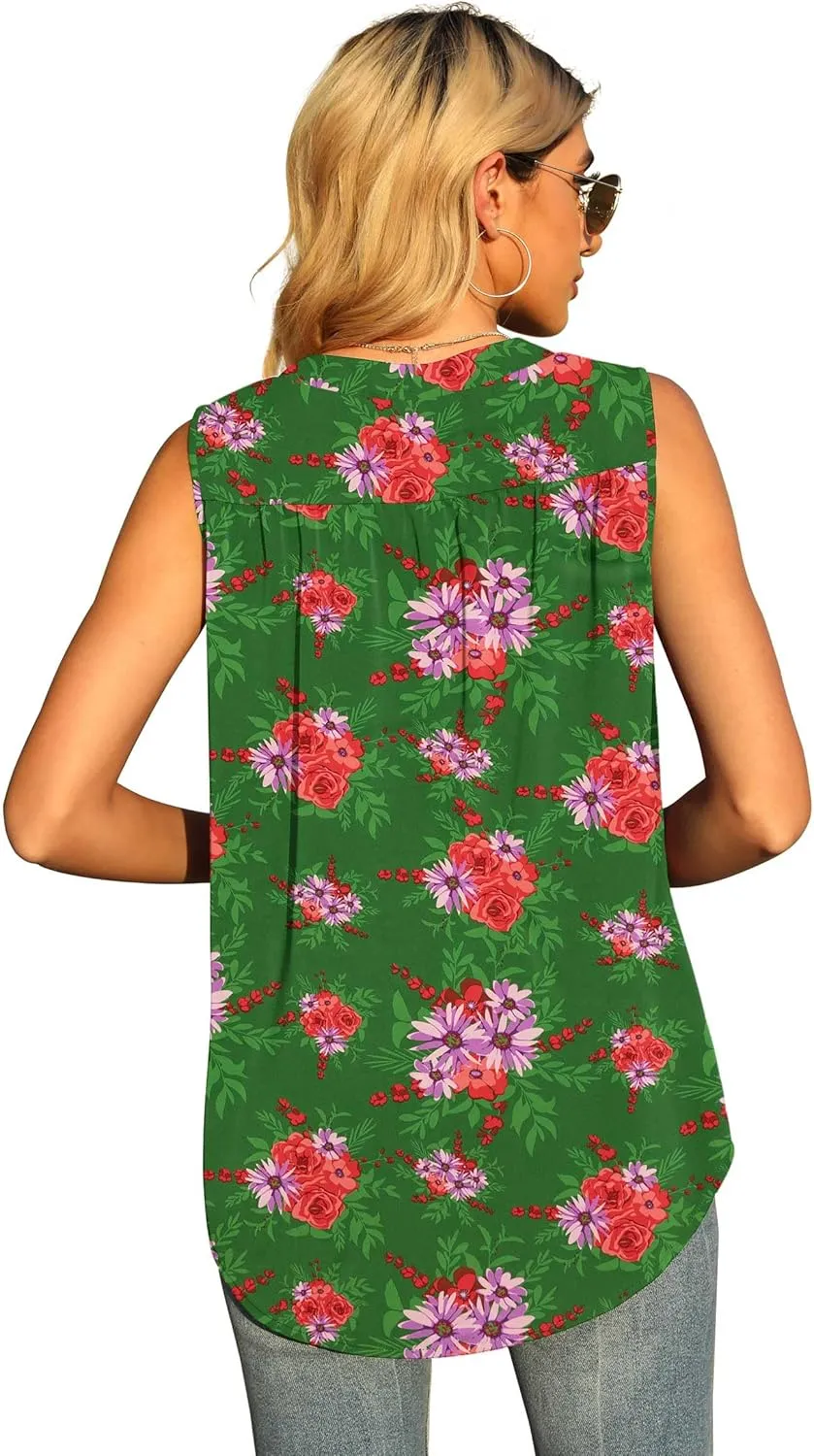 QUEZHU Women's Summer Sleeveless Chiffon Tank Tops Blouse Loose Casual V Neck Blouses Shirt