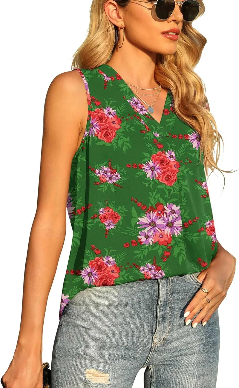 QUEZHU Women's Summer Sleeveless Chiffon Tank Tops Blouse Loose Casual V Neck Blouses Shirt