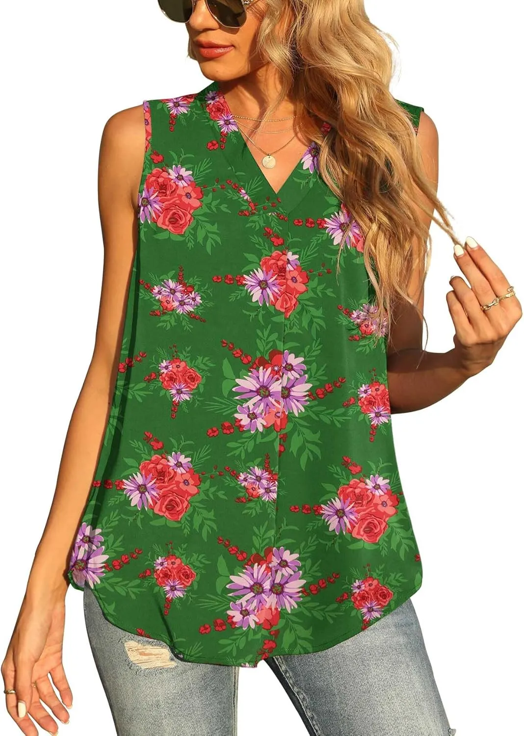 QUEZHU Women's Summer Sleeveless Chiffon Tank Tops Blouse Loose Casual V Neck Blouses Shirt