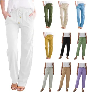 QWENTMTNTY Casual Summer Linen Pants for Women Loose Fit Elastic Waist Drawstring Trousers Comfy Beach Lounge Pants Pockets