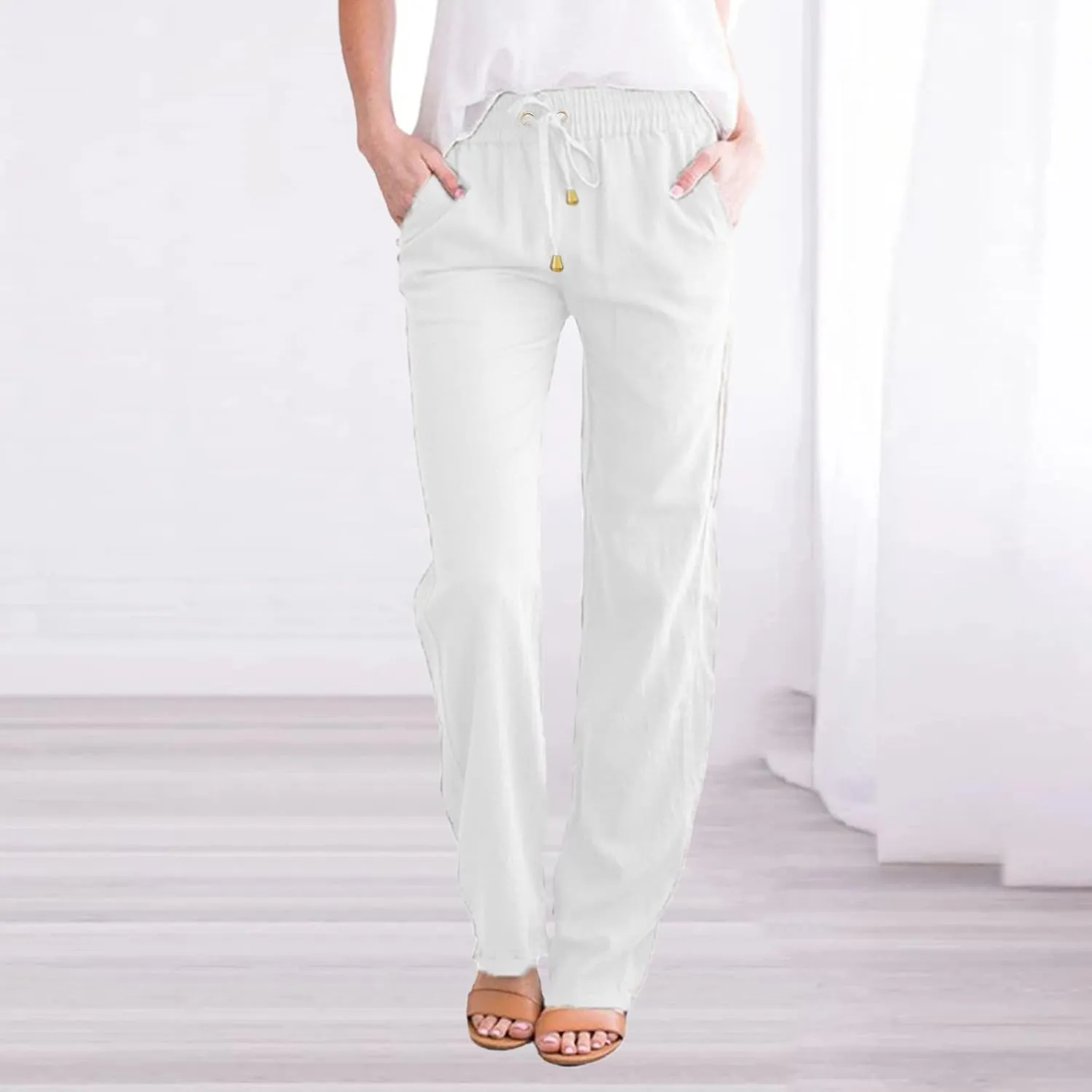 QWENTMTNTY Casual Summer Linen Pants for Women Loose Fit Elastic Waist Drawstring Trousers Comfy Beach Lounge Pants Pockets