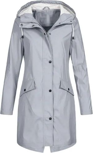 Rain Jacket Womens Waterproof with Hood Rain Coat Full Zip Up Button Down Trench Coats Solid Color Long Windbreaker