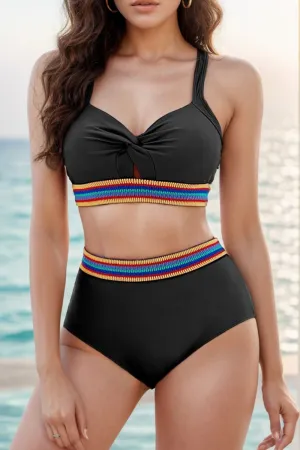 Rainbow Tape Patchwork Chic Twist Front Bikini