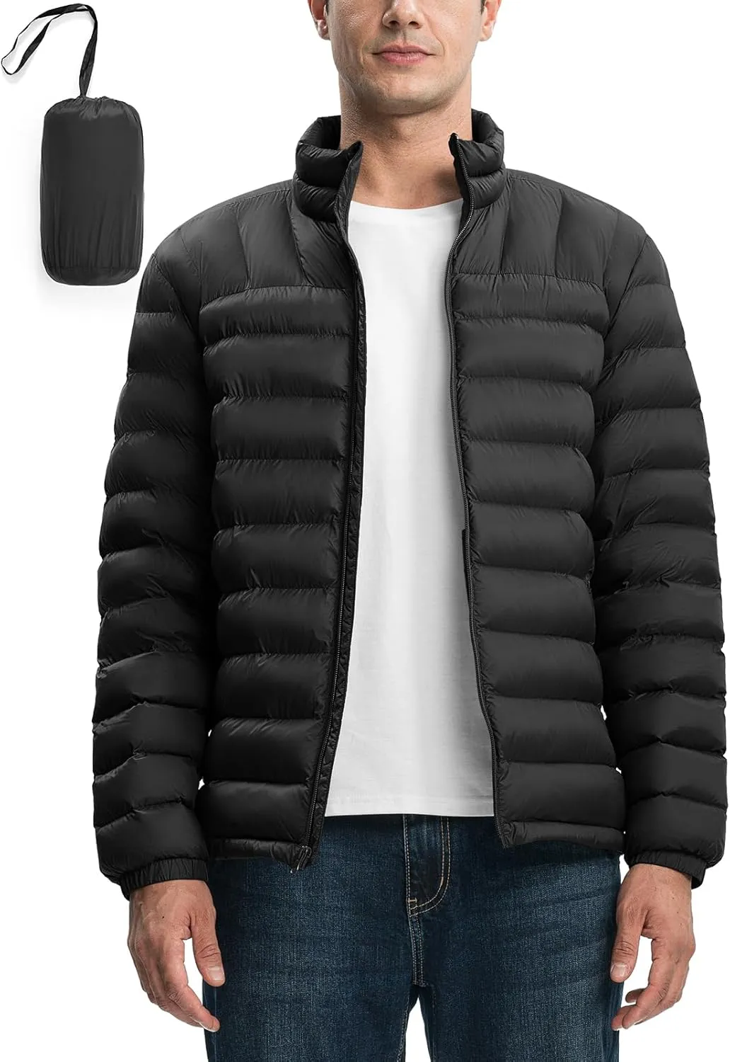 Rdruko Men's Puffer Packable Lightweight Jacket Winter Windproof Down Alternative Stand Collar Coat