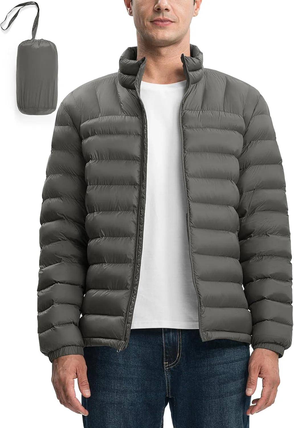 Rdruko Men's Puffer Packable Lightweight Jacket Winter Windproof Down Alternative Stand Collar Coat
