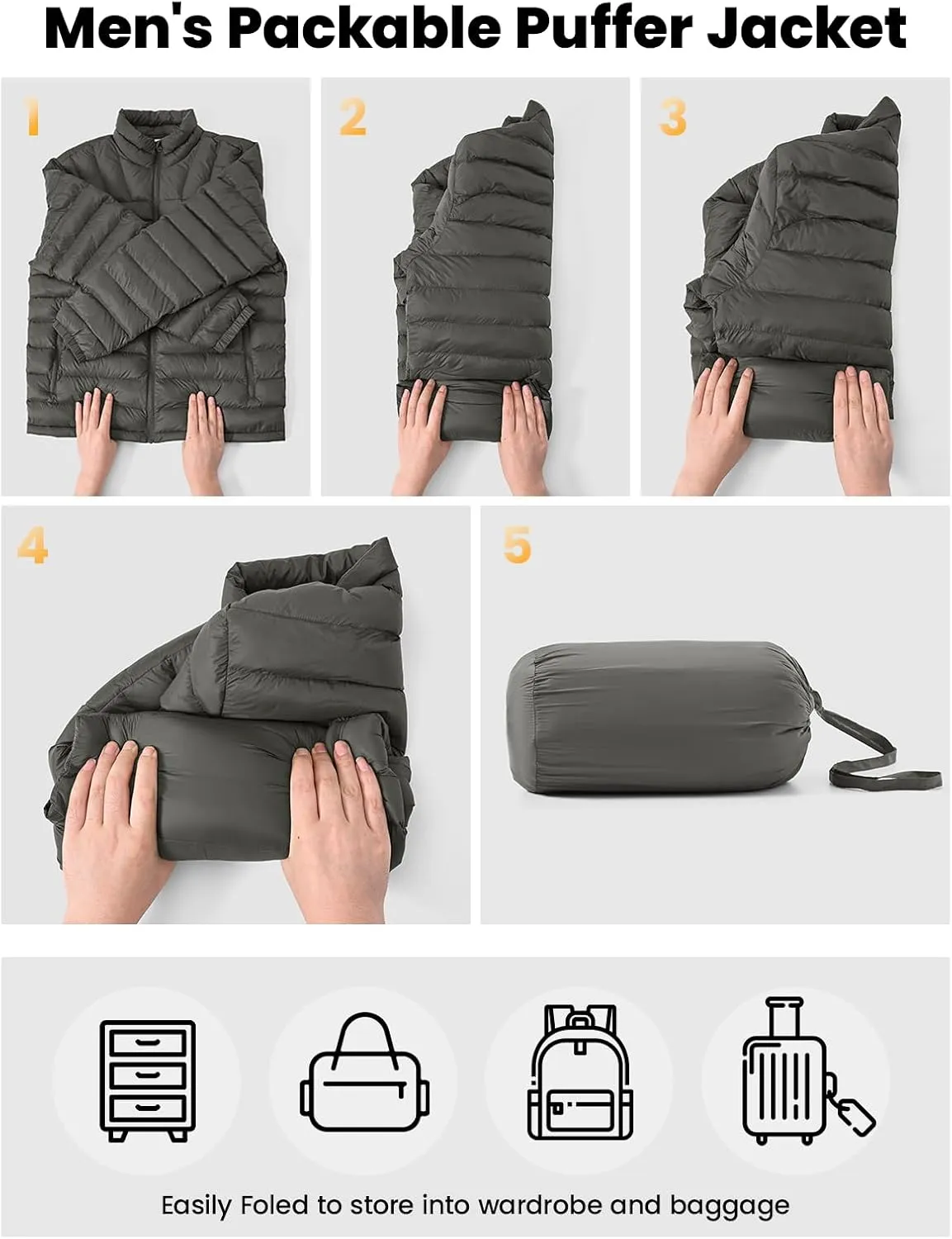 Rdruko Men's Puffer Packable Lightweight Jacket Winter Windproof Down Alternative Stand Collar Coat