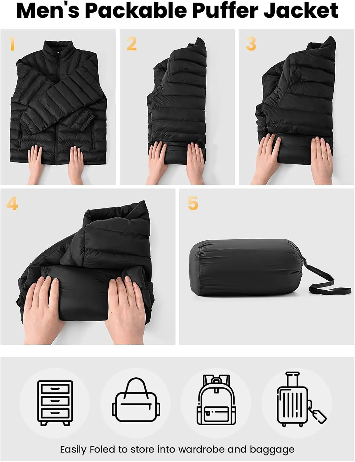 Rdruko Men's Puffer Packable Lightweight Jacket Winter Windproof Down Alternative Stand Collar Coat