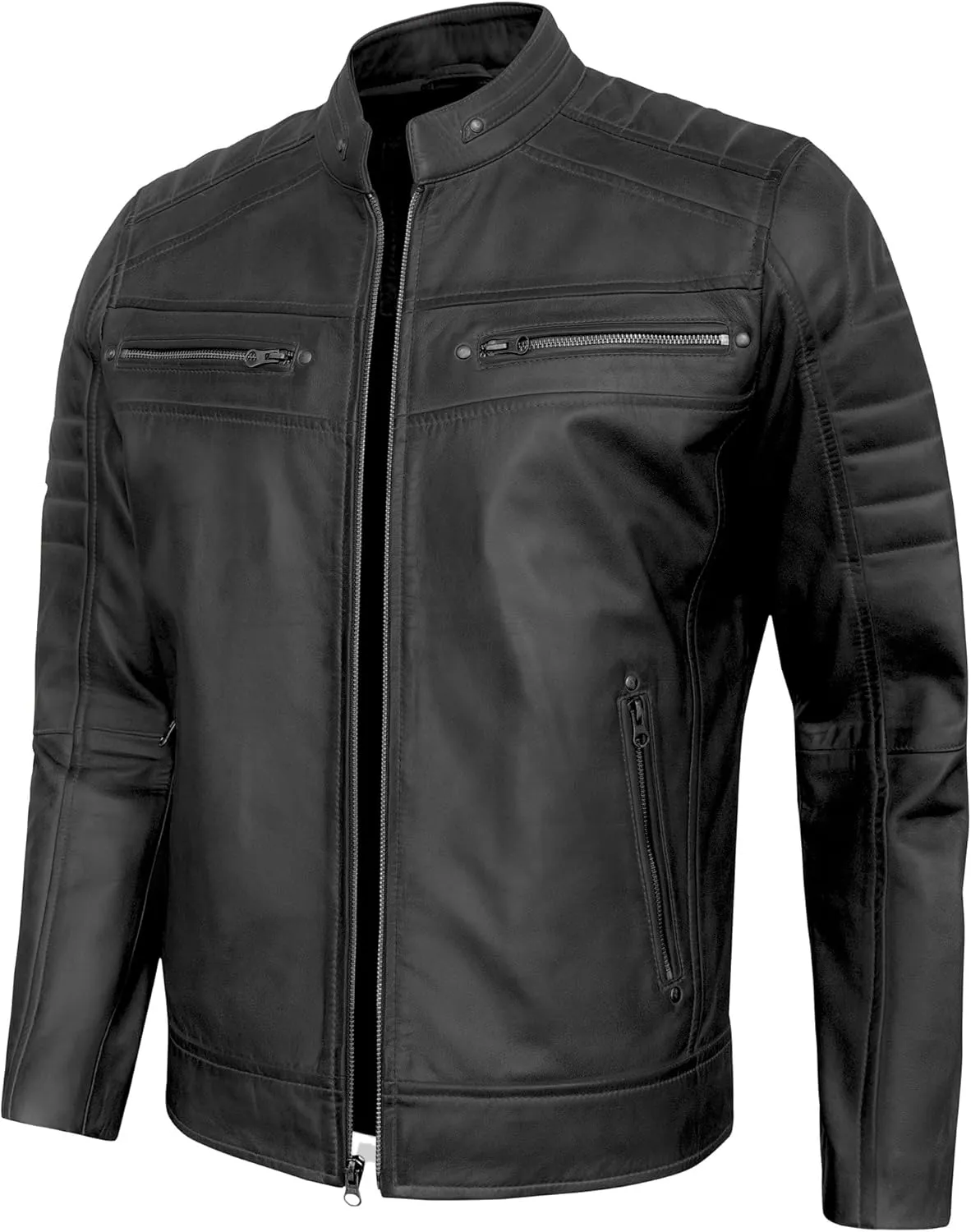 Real Lambskin Mens Leather Jackets - Quilted Biker Style Stand Collar Zip-Up Fashion Motorcycle Jacket Men