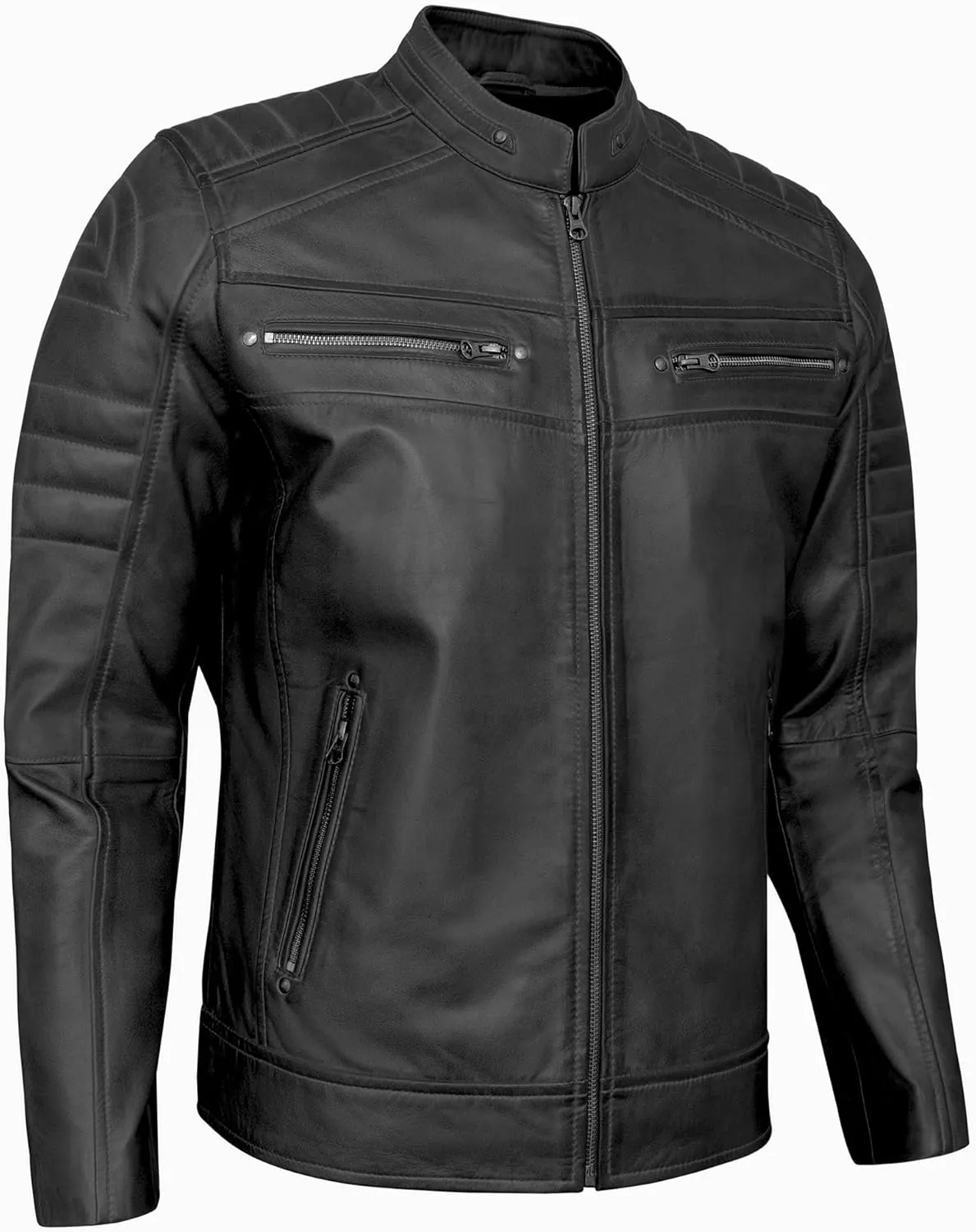 Real Lambskin Mens Leather Jackets - Quilted Biker Style Stand Collar Zip-Up Fashion Motorcycle Jacket Men