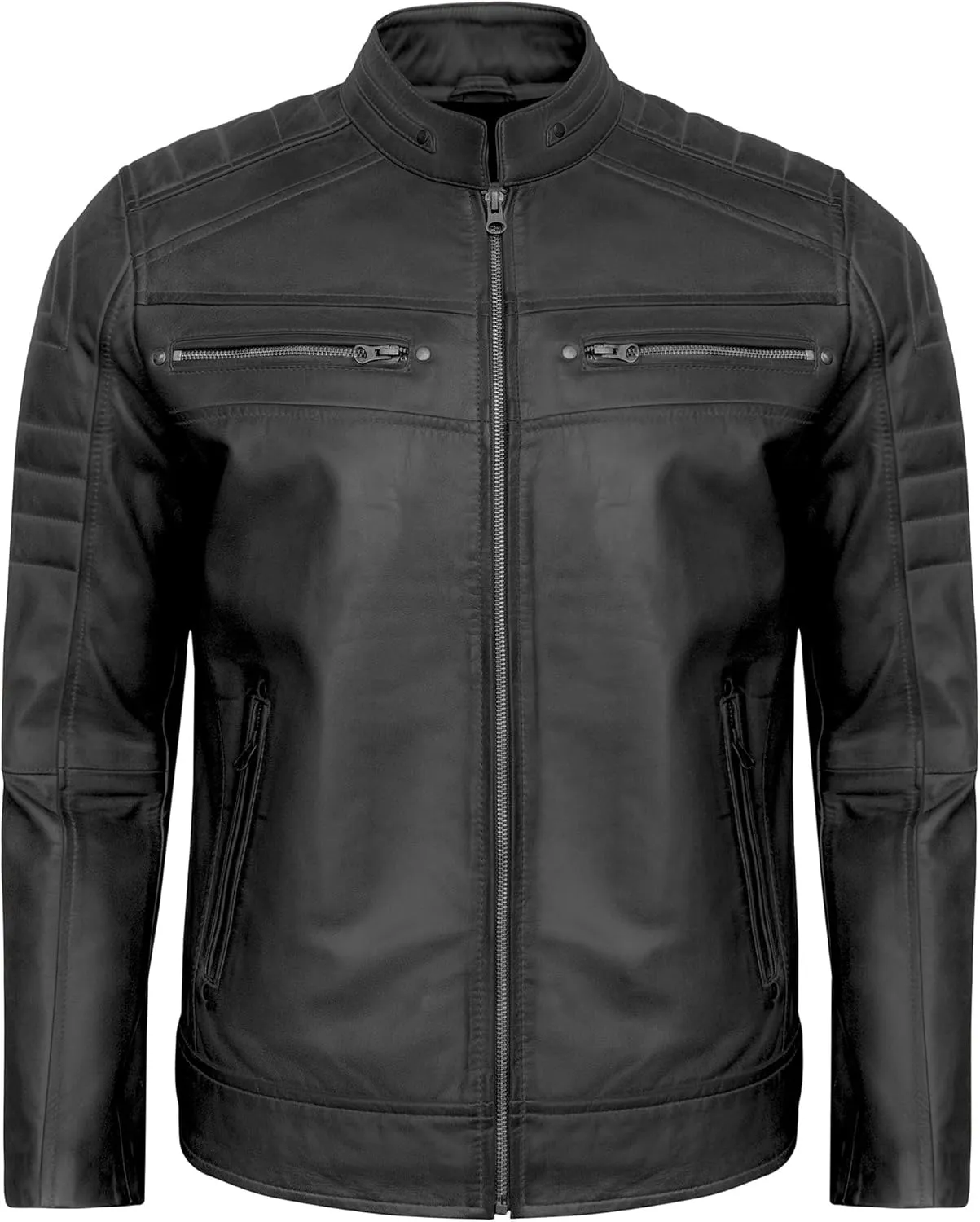 Real Lambskin Mens Leather Jackets - Quilted Biker Style Stand Collar Zip-Up Fashion Motorcycle Jacket Men