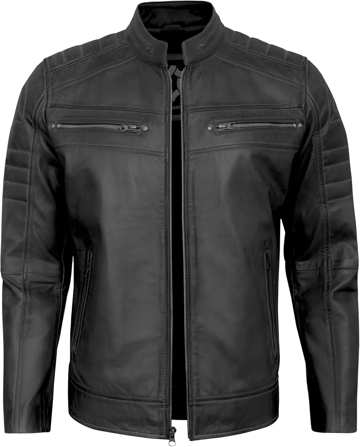 Real Lambskin Mens Leather Jackets - Quilted Biker Style Stand Collar Zip-Up Fashion Motorcycle Jacket Men