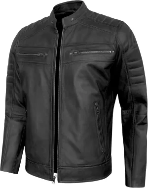 Real Lambskin Mens Leather Jackets - Quilted Biker Style Stand Collar Zip-Up Fashion Motorcycle Jacket Men